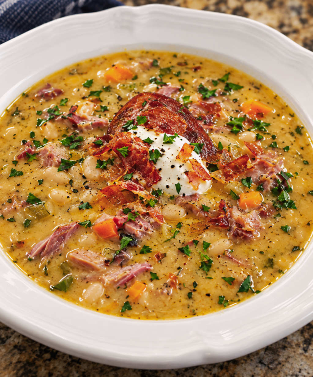 Navy Bean Soup with Smoked Pork Shanks & Crispy&nbsp;Prosciutto